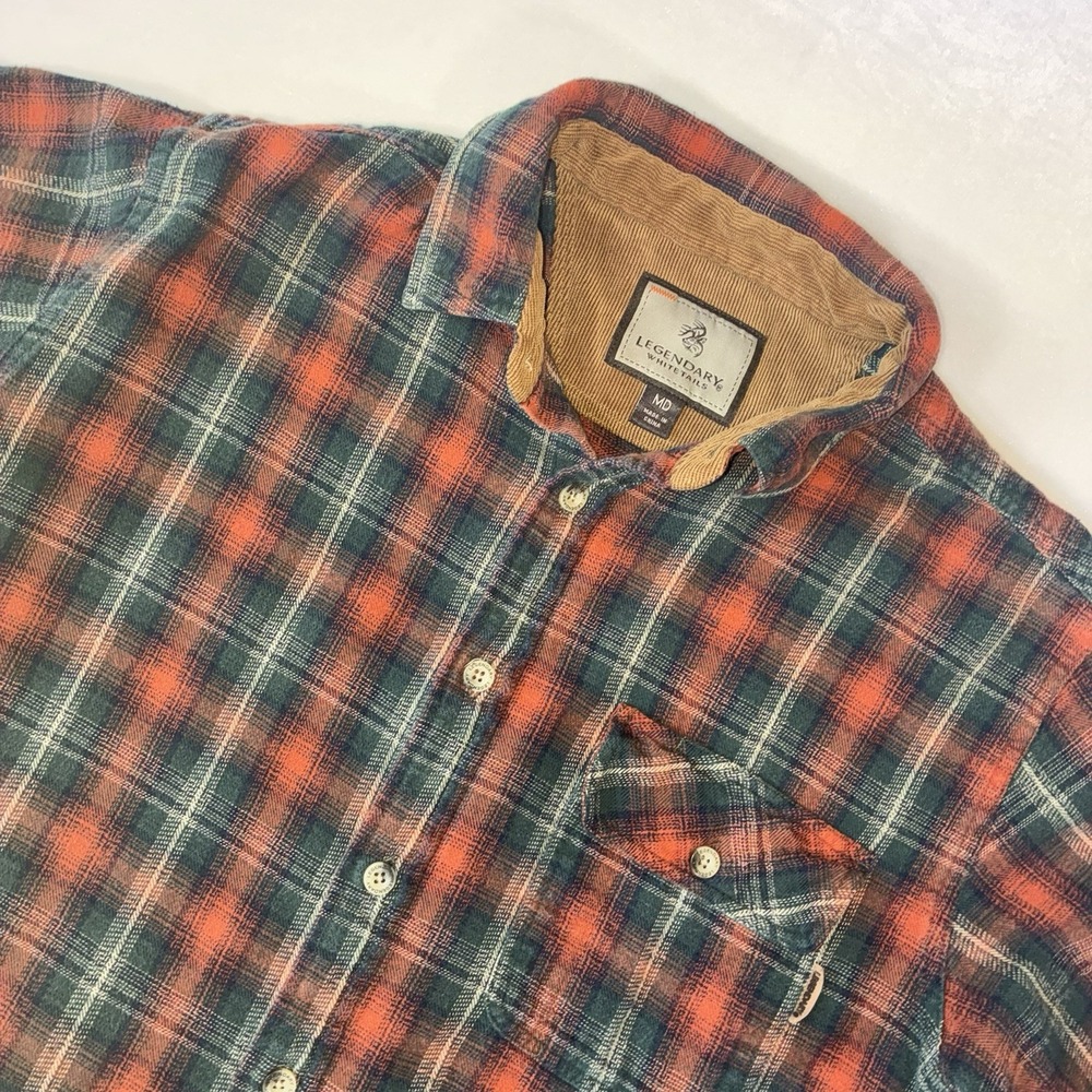 Legendary Whitetails Flannel Shirt Mens‎ Medium Orange Green Plaid Corduroy Trim